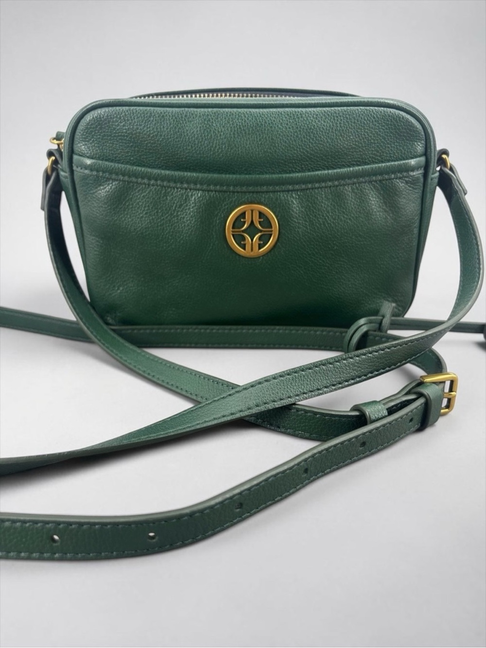 Fossil Brennon Pine Green Leather Camera Bag Crossbody Brass Key Excellent Cond